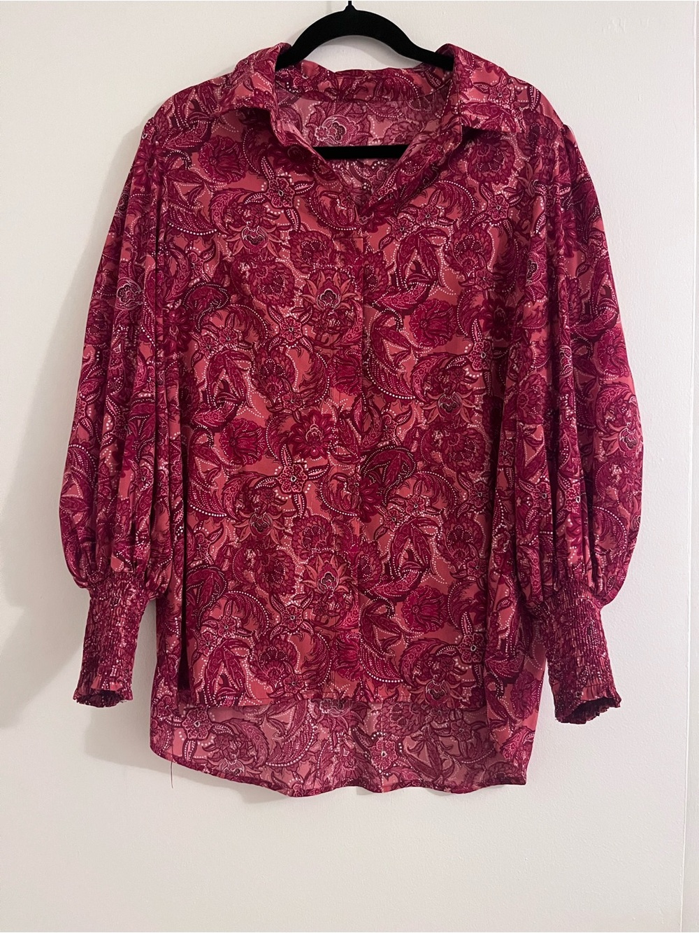 Long Puff Sleeve Collared Women’s Paisley Blouse in Deep Red